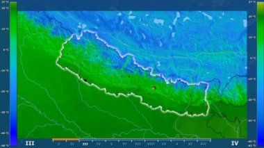 Animasyonlu efsanesi - parlayan şekli, idari sınırları, ana şehirler, sermaye ile Nepal alanında minimum sıcaklığı aya göre. Sterografik projeksiyon
