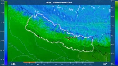Nepal alan animasyonlu efsanesi - İngilizce etiketleri ile aya göre minimum sıcaklığı: ülke ve sermaye adları, açıklama göster. Sterografik projeksiyon