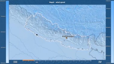 Rüzgar hızı aya göre animasyonlu gösterge - İngilizce etiketleri Nepal bölge: ülke ve sermaye adları, açıklama göster. Sterografik projeksiyon