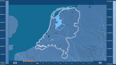 Animasyonlu efsanesi - parlayan şekli, idari sınırları, ana şehirler, sermaye ile Hollanda alanında güneş radyasyonu aya göre. Sterografik projeksiyon