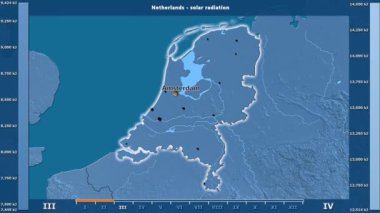 Aya göre güneş radyasyonu animasyonlu efsanesi - İngilizce etiketleri ile Hollanda alanında: ülke ve sermaye adları, açıklama göster. Sterografik projeksiyon