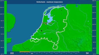 Aya göre maksimum sıcaklık animasyonlu efsanesi - İngilizce etiketleri ile Hollanda alanında: ülke ve sermaye adları, açıklama göster. Sterografik projeksiyon