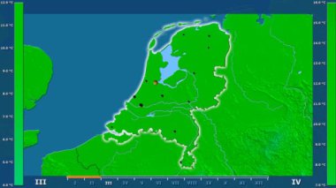 Animasyonlu efsanesi - parlayan şekli, idari sınırları, ana şehirler, sermaye ile Hollanda alanında maksimum sıcaklık aya göre. Sterografik projeksiyon