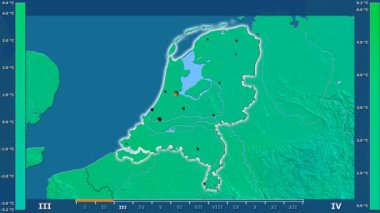 Animasyonlu efsanesi - parlayan şekli, idari sınırları, ana şehirler, sermaye ile Hollanda alanında minimum sıcaklığı aya göre. Sterografik projeksiyon