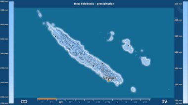 Animasyonlu efsanesi - İngilizce etiketleri ile Yeni Kaledonya alanında aylık Yağış: ülke ve sermaye adları, açıklama göster. Sterografik projeksiyon