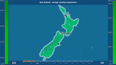 Ortalama sıcaklık ay tarafından animasyonlu efsanesi - İngilizce etiketleri ile Yeni Zelanda alanında: ülke ve sermaye adları, açıklama göster. Sterografik projeksiyon