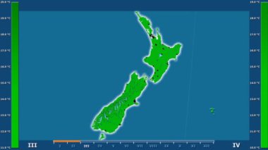 Animasyonlu efsanesi - parlayan şekli, idari sınırları, ana şehirler, sermaye ile Yeni Zelanda alanında maksimum sıcaklık aya göre. Sterografik projeksiyon