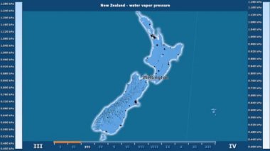 Animasyonlu efsanesi - İngilizce etiketleri ile Yeni Zelanda alanında aya göre su buhar basıncı: ülke ve sermaye adları, açıklama göster. Sterografik projeksiyon