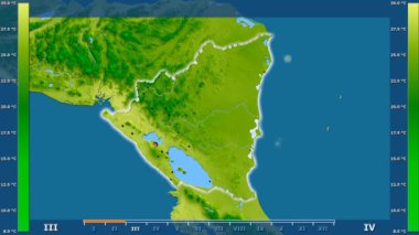 Animasyonlu efsanesi - parlayan şekli, idari sınırları, ana şehirler, sermaye ile Nikaragua alanında ortalama sıcaklık aya göre. Sterografik projeksiyon