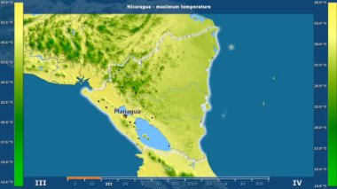 Nikaragua alanda animasyonlu gösterge - İngilizce etiketleri ile aya göre maksimum sıcaklık: ülke ve sermaye adları, açıklama göster. Sterografik projeksiyon