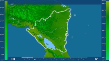 Animasyonlu efsanesi - parlayan şekli, idari sınırları, ana şehirler, sermaye ile Nikaragua alanında minimum sıcaklığı aya göre. Sterografik projeksiyon
