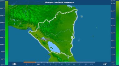 Nikaragua alanda animasyonlu gösterge - İngilizce etiketleri ile aya göre minimum sıcaklığı: ülke ve sermaye adları, açıklama göster. Sterografik projeksiyon