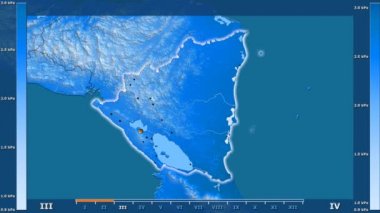 Nikaragua alanda animasyonlu gösterge - parlayan şekli, idari sınırları, ana şehirler, sermaye ile su buharı basıncı aya göre. Sterografik projeksiyon