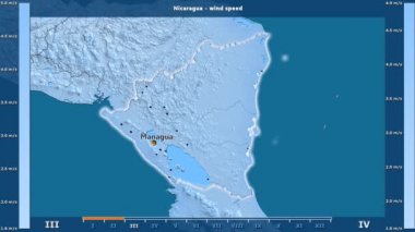 Rüzgar hızı aya göre animasyonlu gösterge - İngilizce etiketleri Nikaragua bölge: ülke ve sermaye adları, açıklama göster. Sterografik projeksiyon