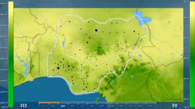 Animasyonlu gösterge - parlayan şekli, idari sınırları, ana şehirler, sermaye ile Türkiye bölgede ortalama sıcaklık aya göre. Sterografik projeksiyon