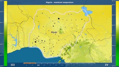 Nijerya alanda animasyonlu gösterge - İngilizce etiketleri ile aya göre maksimum sıcaklık: ülke ve sermaye adları, açıklama göster. Sterografik projeksiyon