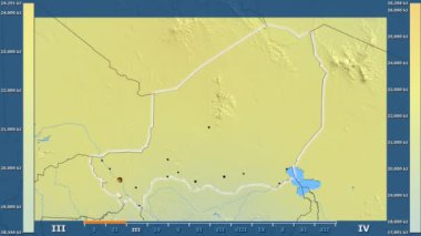 Animasyonlu efsanesi - parlayan şekli, idari sınırları, ana şehirler, sermaye ile Nijer alanında güneş radyasyonu aya göre. Sterografik projeksiyon