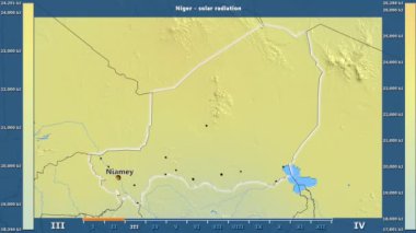 Aya göre güneş radyasyonu animasyonlu efsanesi - İngilizce etiketleri ile Nijer alanında: ülke ve sermaye adları, açıklama göster. Sterografik projeksiyon