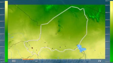 Animasyonlu efsanesi - parlayan şekli, idari sınırları, ana şehirler, sermaye ile Nijer alanında ortalama sıcaklık aya göre. Sterografik projeksiyon