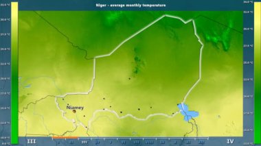 Ortalama sıcaklık ay tarafından animasyonlu efsanesi - İngilizce etiketleri ile Nijer alanında: ülke ve sermaye adları, açıklama göster. Sterografik projeksiyon