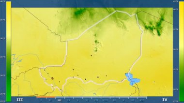 Animasyonlu efsanesi - parlayan şekli, idari sınırları, ana şehirler, sermaye ile Nijer alanında maksimum sıcaklık aya göre. Sterografik projeksiyon