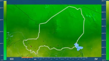 Animasyonlu efsanesi - parlayan şekli, idari sınırları, ana şehirler, sermaye ile Nijer alanında minimum sıcaklığı aya göre. Sterografik projeksiyon