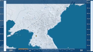 Animasyonlu gösterge - parlayan şekli, idari sınırları, ana şehirler, sermaye ile Kuzey Kore bölgede yağış aya göre. Sterografik projeksiyon