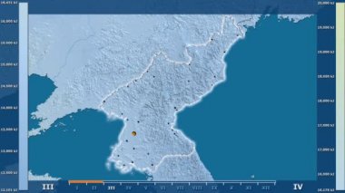 Animasyonlu efsanesi - parlayan şekli, idari sınırları, ana şehirler, sermaye ile Kuzey Kore alanında güneş radyasyonu aya göre. Sterografik projeksiyon