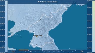 Aya göre güneş radyasyonu animasyonlu efsanesi - İngilizce etiketleri ile Kuzey Kore alanında: ülke ve sermaye adları, açıklama göster. Sterografik projeksiyon