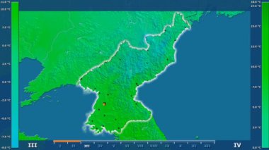 Animasyonlu efsanesi - parlayan şekli, idari sınırları, ana şehirler, sermaye ile Kuzey Kore alanında maksimum sıcaklık aya göre. Sterografik projeksiyon