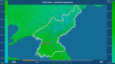 Kuzey Kore alanda animasyonlu gösterge - İngilizce etiketleri ile aya göre maksimum sıcaklık: ülke ve sermaye adları, açıklama göster. Sterografik projeksiyon