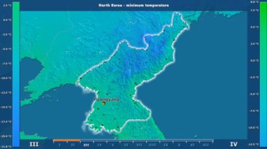 Kuzey Kore alanda animasyonlu gösterge - İngilizce etiketleri ile aya göre minimum sıcaklığı: ülke ve sermaye adları, açıklama göster. Sterografik projeksiyon
