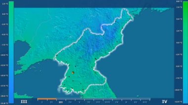 Animasyonlu efsanesi - parlayan şekli, idari sınırları, ana şehirler, sermaye ile Kuzey Kore alanında minimum sıcaklığı aya göre. Sterografik projeksiyon