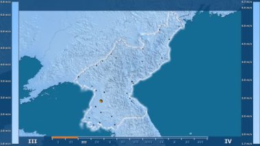 Hız animasyonlu efsanesi - parlayan şekli, idari sınırları, ana şehirler, sermaye ile Kuzey Kore alanında aya göre rüzgar. Sterografik projeksiyon