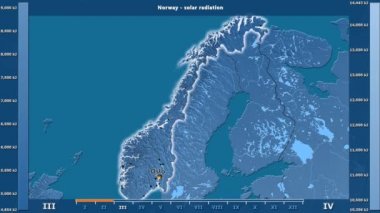 Aya göre güneş radyasyonu animasyonlu gösterge - İngilizce etiketleri Norveç bölge: ülke ve sermaye adları, açıklama göster. Sterografik projeksiyon