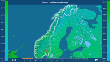Aya göre maksimum sıcaklık animasyonlu gösterge - İngilizce etiketleri Norveç bölge: ülke ve sermaye adları, açıklama göster. Sterografik projeksiyon