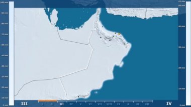 Animasyonlu gösterge - parlayan şekli, idari sınırları, ana şehirler, sermaye ile Umman bölgede yağış aya göre. Sterografik projeksiyon