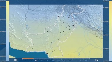 Animasyonlu efsanesi - parlayan şekli, idari sınırları, ana şehirler, sermaye ile Pakistan bölgesinde güneş radyasyonu aya göre. Sterografik projeksiyon