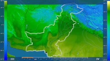 Animasyonlu gösterge - parlayan şekli, idari sınırları, ana şehirler, sermaye ile Pakistan bölgede ortalama sıcaklık aya göre. Sterografik projeksiyon