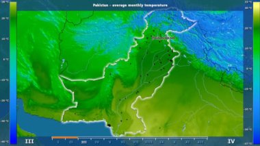 Ortalama sıcaklık ay tarafından animasyonlu gösterge - İngilizce etiketleri ile Pakistan bölgede: ülke ve sermaye adları, açıklama göster. Sterografik projeksiyon