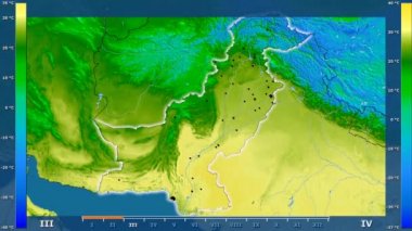 Animasyonlu gösterge - parlayan şekli, idari sınırları, ana şehirler, sermaye ile Pakistan bölgede maksimum sıcaklık aya göre. Sterografik projeksiyon