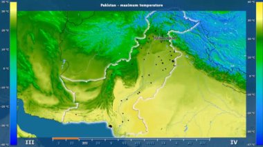 Animasyonlu gösterge - İngilizce etiketleri ile Pakistan bölgede aya göre maksimum sıcaklık: ülke ve sermaye adları, açıklama göster. Sterografik projeksiyon
