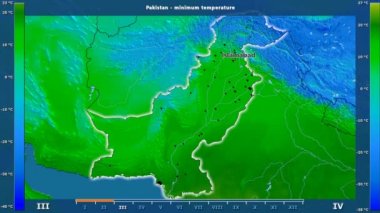 Animasyonlu gösterge - İngilizce etiketleri ile Pakistan bölgede aya göre minimum sıcaklığı: ülke ve sermaye adları, açıklama göster. Sterografik projeksiyon