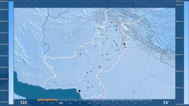 Hız aya göre animasyonlu gösterge - parlayan şekli, idari sınırları, ana şehirler, sermaye ile Pakistan bölgede rüzgar. Sterografik projeksiyon
