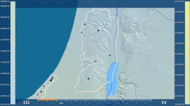 Animasyonlu efsanesi - parlayan şekli, idari sınırları, ana şehirler, sermaye ile Palestina alanda güneş radyasyonu aya göre. Sterografik projeksiyon