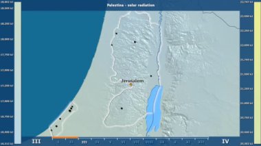 Aya göre güneş radyasyonu animasyonlu efsanesi - İngilizce etiketleri ile Palestina alanda: ülke ve sermaye adları, açıklama göster. Sterografik projeksiyon