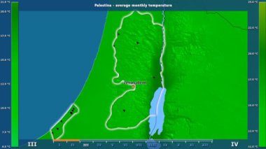 Ortalama sıcaklık ay tarafından animasyonlu efsanesi - İngilizce etiketleri ile Palestina alanda: ülke ve sermaye adları, açıklama göster. Sterografik projeksiyon