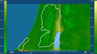 Animasyonlu efsanesi - parlayan şekli, idari sınırları, ana şehirler, sermaye ile Palestina alanda maksimum sıcaklık aya göre. Sterografik projeksiyon
