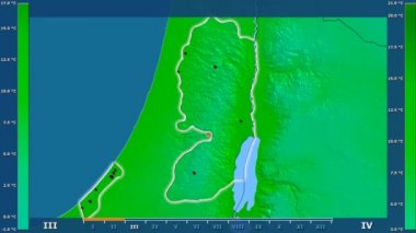 Animasyonlu efsanesi - parlayan şekli, idari sınırları, ana şehirler, sermaye ile Palestina alanda minimum sıcaklığı aya göre. Sterografik projeksiyon