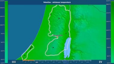 Palestina alanda animasyonlu gösterge - İngilizce etiketleri ile aya göre minimum sıcaklığı: ülke ve sermaye adları, açıklama göster. Sterografik projeksiyon
